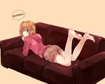  bad_id bad_pixiv_id barefoot brown_eyes brown_hair character_name couch hood hoodie kagerou_project kisaragi_momo legs_up lying maro_(gj_world) orange_hair shorts side_ponytail solo speech_bubble 