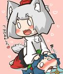  :3 animal_ears bad_id bad_pixiv_id blue_hair blush fang grey_hair hair_bobbles hair_ornament hat heart inubashiri_momiji inunoko. kawashiro_nitori multiple_girls o_o saliva short_hair silver_hair tail tail_wagging touhou translated two_side_up wolf_ears 