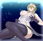  1girl artoria_pendragon_(all) artoria_pendragon_(lancer_alter) bangs bare_shoulders black_panties blonde_hair braid breasts fate/grand_order fate_(series) french_braid gloves hair_between_eyes highres large_breasts lingerie looking_at_viewer lying panties revealing_clothes royal_icing see-through sideboob sidelocks soles solo thighhighs underwear yellow_eyes zantyarz 