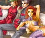  1girl 2boys alien baseball_cap blue_eyes bracer bracers breasts cleavage couch dc_comics gloves green_eyes hat headwear_removed helmet jacket jason_todd multicolored_hair multiple_boys no_pupils red_hair red_hood red_hood_(dc) roy_harper sitting sleeveless solid_eyes starfire thighhighs trio two-tone_hair yellow_skin 