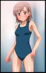  blush border brown_eyes brown_hair cocked_eyebrow commentary_request derivative_work frown heitai_gensui misaka_mikoto one-piece_swimsuit screencap_redraw short_hair solo standing swimsuit to_aru_kagaku_no_railgun to_aru_majutsu_no_index 