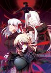  3girls armor artoria_pendragon_(all) breasts dark_sakura fate/stay_night fate/zero fate_(series) irisviel_von_einzbern kotomine_kirei large_breasts long_hair matou_sakura multiple_girls saber_alter sunday31 visor white_hair 