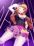  bow brown_hair buttons choker emanon123 flower frills from_below gloves hair_ornament hand_on_hip hand_to_head hat highres idol layered_skirt long_hair looking_at_viewer love_live! love_live!_school_idol_project medal one_eye_closed open_mouth purple_eyes shocking_party short_sleeves solo standing star thighhighs white_gloves white_legwear yuuki_anju zettai_ryouiki 