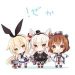  amatsukaze_(kantai_collection) aruya_(flosrota) bangs black_dress blonde_hair blue_skirt bow brown_eyes brown_hair chibi dress full_body hair_bow holding_hands kantai_collection long_hair long_sleeves multiple_girls rensouhou-chan rensouhou-kun sailor_dress shimakaze_(kantai_collection) shirt short_hair skirt smile standing striped striped_legwear thighhighs two_side_up white_background white_dress white_hair white_shirt yellow_eyes yukikaze_(kantai_collection) zettai_ryouiki 