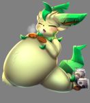  2019 ambiguous_gender belly big_belly blush chocolate_milk eeveelution eyes_closed grey_background huff kneeling leafeon mammal nintendo overweight pok&eacute;mon pok&eacute;mon_(species) revous semi-anthro simple_background solo stuffing video_games weight_gain 