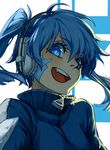  blue_eyes blue_hair character_name ene_(kagerou_project) fang headphones jacket kagerou_project looking_at_viewer lowrain open_mouth short_hair smile solo track_jacket twintails 