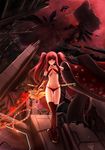 absurdres bikini character_request highres leaf long_hair maple_leaf phantasy_star phantasy_star_online_2 phoenix_2010 red_eyes red_hair solo swimsuit sword thighhighs twintails weapon 