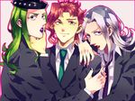  bad_id bad_pixiv_id formal green_hair grey_hair hat jojo_no_kimyou_na_bouken kakyouin_noriaki leone_abbacchio long_hair male_focus multiple_boys narciso_anasui purinnkawayusu red_hair suit 