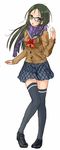  black_hair glasses green_eyes kazeno long_hair original scarf school_uniform serafuku solo thighhighs 