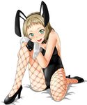  animal_ears brown_hair bunny_ears bunny_girl bunnysuit detached_collar fishnet_pantyhose fishnets gloves green_eyes ka-9 kira_tsubasa leotard love_live! love_live!_school_idol_project pantyhose short_hair wrist_cuffs 