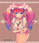  between_breasts bikini blue_eyes blush breasts cherry flower food fruit fuji_minako hair_flower hair_ornament long_hair looking_at_viewer open_mouth pink_hair solo swimsuit twintails unmei_no_clan_battle 