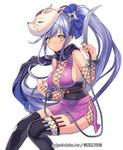  black_legwear blue_hair blush bow breasts chain character_request cleavage dress fishnets fox_mask fuji_minako hair_bow holding holding_weapon large_breasts long_hair mask ninja official_art ponytail purple_dress scarf sengoku_gensoukyoku shuriken smile solo thighhighs watermark weapon white_background yellow_eyes 