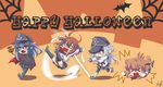  &gt;_&lt; akatsuki_(kantai_collection) animal_ears brown_hair cape closed_eyes dog_ears dog_tail eris_120 fallen_down fang folded_ponytail hair_ornament hairclip halloween halloween_costume hibiki_(kantai_collection) highres ikazuchi_(kantai_collection) inazuma_(kantai_collection) kantai_collection long_hair multiple_girls o_o school_uniform serafuku signature tail 