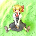  :d ascot between_legs blonde_hair blouse fang grass hand_between_legs open_mouth red_eyes rody_(hayama_yuu) rumia short_hair sitting skirt smile touhou vest 