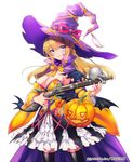  bat_wings black_legwear black_wings blonde_hair blue_eyes blush breasts cape character_request cleavage detached_sleeves fuji_minako gun halloween hat holding holding_weapon large_breasts long_hair long_sleeves official_art pumpkin sengoku_gensoukyoku skirt skull smile solo strapless thighhighs watermark weapon white_background wings witch_hat 