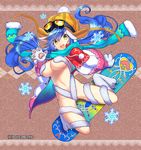  animal_ears blue_hair claws fuji_minako goggles goggles_on_headwear hat jacket long_hair long_sleeves navel open_mouth paws scarf smile snowboard snowflakes solo unmei_no_clan_battle winter_clothes yellow_eyes 