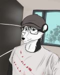  2017 anthro ayken black_fur black_nose bust_portrait clothed clothing digital_media_(artwork) ear_piercing eyewear fur glasses grey_eyes hat looking_at_viewer male mammal mephitid multicolored_fur piercing portrait shirt skunk solo standing two_tone_fur weisewoelfin white_fur window 