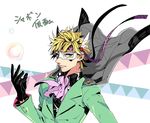  bad_id bad_pixiv_id blonde_hair caesar_anthonio_zeppeli domino_mask facial_mark feathers fingerless_gloves formal gloves green_eyes hair_feathers headband jojo_no_kimyou_na_bouken male_focus mask sakaumi solo suit 