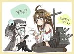  ahoge bare_shoulders black_legwear boots brown_eyes brown_hair chibi cup detached_sleeves double_bun gloves hair_ornament hairband japanese_clothes kantai_collection kongou_(kantai_collection) long_hair multiple_girls nontraditional_miko open_mouth pleated_skirt pun sakurai_energy shinkaisei-kan sitting skirt teacup thigh_boots thighhighs translated wariza wo-class_aircraft_carrier zettai_ryouiki 