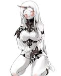  albino blush boots breasts claws detached_sleeves dress horn kantai_collection large_breasts long_hair long_sleeves open_mouth red_eyes ribbed_dress seaport_hime shinkaisei-kan short_dress solo thick_thighs thighs white_background white_dress white_hair white_skin yuu_(kfc) 