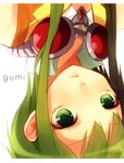  bare_shoulders character_name close-up etsuo goggles green_eyes green_hair gumi short_hair short_hair_with_long_locks sidelocks solo upside-down vocaloid 