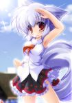  animal_ears bare_shoulders blush fang hand_on_own_head happy highres inubashiri_momiji iwaki_hazuki looking_at_viewer open_mouth pom_pom_(clothes) red_eyes shirt short_hair silver_hair skirt solo tail touhou white_shirt wolf_ears wolf_tail 