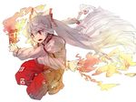  albino bow colorized fire fujiwara_no_mokou full_body geppewi hair_bow hair_ornament juliet_sleeves long_hair long_sleeves ofuda ofuda_on_clothes pants puffy_sleeves red_eyes shoes simple_background sketch solo touhou very_long_hair white_background white_hair 