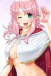  aqua_eyes bad_id bad_pixiv_id blush breasts cloak covered_nipples large_breasts looking_at_viewer media_(quiz_magic_academy) murakami_kou_(raye) navel one_eye_closed open_mouth pink_hair pointy_ears quiz_magic_academy sideboob smile solo 