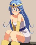  bangs bare_shoulders blue_eyes blue_hair blush boots breasts circlet cleavage dragon_quest dragon_quest_iii dress elbow_gloves embarrassed flipped_hair from_side gem gloves grey_background hyakuen_raitaa knees_together_feet_apart long_hair looking_away nose_blush sage_(dq3) sash shadow short_dress simple_background sitting small_breasts solo strapless strapless_dress v_arms very_long_hair white_dress 