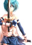  armband belt blue_eyes blue_hair cape gloves hair_ornament hairclip lain magical_girl mahou_shoujo_madoka_magica mahou_shoujo_madoka_magica_movie miki_sayaka one_eye_covered sheath short_hair simple_background smile solo soul_gem sword weapon white_background 