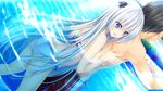  1girl :d ass bikini blue_eyes dutch_angle electrichka_sapsan game_cg hair_ribbon hetero long_hair open_mouth oryou partially_submerged pretty_x_cation ribbon silver_hair smile swimsuit very_long_hair water 