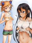  ? akino_shuu bare_shoulders belt black_hair blue_eyes breasts captain_earth dark_skin dress dress_lift fang flat_chest grin groin hair_ornament long_hair multiple_girls mutou_hana navel no_panties orange_hair out-of-frame_censoring purple_eyes shirt_lift short_hair shorts smile yomatsuri_akari 