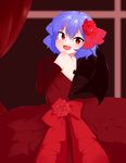  :d alternate_costume bare_shoulders bat_wings blue_hair blush curtains dress elbow_gloves fang flower gloves gown hair_flower hair_ornament highres kameyan open_mouth red_dress red_eyes remilia_scarlet ribbon short_hair slit_pupils smile solo strapless strapless_dress touhou window wings 