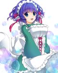  alternate_costume animal_ears apron blue_eyes blue_hair blush breasts enmaided hayabusa_koi head_fins japanese_clothes kimono large_breasts long_sleeves looking_at_viewer maid maid_headdress mermaid monster_girl open_mouth short_hair smile solo touhou wakasagihime 