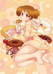  ass barefoot box brown_eyes brown_hair cat doughnut feet food hood hoodie k-on! kuzu_kow manga_(object) pastry_box pillow short_hair suzuki_jun twintails 