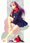  bad_id bad_pixiv_id barefoot benten-sama_(uchouten_kazoku) character_name copyright_name floral_print furu_(retr0e) purple_hair red_scarf scarf school_uniform shoes_removed skirt smile socks_removed uchouten_kazoku younger 