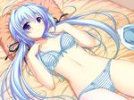  ahoge alpha_(yukai_na_nakamatachi) bed_sheet blue_bra blue_hair blue_panties bow bow_bra bow_panties bra hair_ribbon lace lace-trimmed_bra long_hair lying navel okiba_ga_nai! panties pillow purple_eyes ribbon shannon_(okiba_ga_nai!) solo striped striped_bra striped_panties twintails underwear underwear_only 