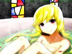  1girl artist_request bakemonogatari bath female highres kabukimonogatari looking_at_viewer monogatari_(series) nude oshino_shinobu red_eyes solo stained_glass water wet 