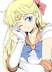  agahari aino_minako bishoujo_senshi_sailor_moon blonde_hair blue_eyes bow choker earrings elbow_gloves gloves hair_bow heart highres jewelry long_hair magical_girl one_eye_closed orange_choker orange_sailor_collar red_bow sailor_collar sailor_senshi_uniform sailor_venus solo star star_choker super_sailor_venus tiara white_gloves 