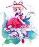  amo blonde_hair blue_eyes bobby_socks bow choker doll dress flower full_body hair_bow hair_ribbon holding holding_flower layered_dress lily_of_the_valley loafers looking_at_viewer medicine_melancholy open_mouth pinafore_dress pink_legwear puffy_short_sleeves puffy_sleeves red_bow red_dress red_footwear red_ribbon ribbon ribbon_choker shoes short_hair short_sleeves simple_background skirt socks solo star su-san touhou 