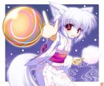  :d animal_ears ball blush cotton_candy cowboy_shot fang floral_print food holding holding_food inubashiri_momiji iwaki_hazuki japanese_clothes kimono light_particles long_sleeves looking_at_viewer obi open_mouth outstretched_arm red_eyes sash short_hair silver_hair simple_background smile solo tail tooth touhou wide_sleeves wolf_ears wolf_tail yukata 