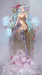  blue_eyes blue_hair boots bracelet breasts brown_skirt cleavage crossed_legs dress flower grey_background hairband highres jewelry knee_boots large_breasts long_hair monster_girl plant red_flower red_rose rocbouquet_(saga) romancing_saga_2 rose saga signature sitting skirt skull smile solo strapless strapless_dress tomoeda_(ultimate_fools) vines 