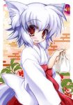  animal_ears blush collarbone fang happy highres holding inubashiri_momiji iwaki_hazuki japanese_clothes kimono looking_at_viewer open_mouth red_eyes short_hair silver_hair solo tail touhou wolf_ears wolf_tail 