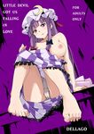  bangs bare_shoulders barefoot blunt_bangs breasts dress_pull dutch_angle english feet frills from_below hair_ribbon hat highres large_breasts long_hair looking_down marimotencho mob_cap nipples no_bra open_mouth panties pantyshot pantyshot_(sitting) parted_lips patchouli_knowledge pov_feet purple_background purple_eyes purple_hair ribbon sitting solo tears toes touhou tress_ribbon underwear undressing white_panties 