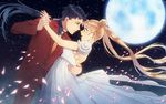  1girl bishoujo_senshi_sailor_moon black_hair blonde_hair blurry depth_of_field dress earrings floating_hair formal full_moon hair_bun hair_ornament hairclip holding ikki_(issaigassai) jewelry long_hair looking_at_another moon necktie ponytail princess_serenity seiya_kou surprised tsukino_usagi very_long_hair white_dress wrist_grab 