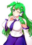  alternate_hairstyle blush breasts detached_sleeves frog_hair_ornament green_eyes green_hair hair_ornament highres itou_yuuji kochiya_sanae large_breasts long_hair looking_at_viewer necktie one_eye_closed side_ponytail simple_background skirt smile snake_hair_ornament solo touhou white_background 