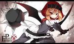  ball_and_chain blonde_hair chain copyright_name demon_girl demon_tail demon_wings flail gauntlets hood letterboxed lusabella_grimlet pixiv_fantasia pixiv_fantasia_fallen_kings red_eyes saru short_hair solo tail weapon wings 