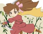  1girl bamboo belt brown_background brown_eyes brown_hair long_hair pants ponytail ribbon scarf shoes smile suzu_fujibayashi sword tales_of_(series) tales_of_phantasia weapon 