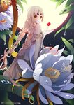  blonde_hair braid dress flower frown full_moon grey_dress long_hair looking_at_viewer mia0309 moon pixiv_fantasia pixiv_fantasia_fallen_kings pointy_ears solo twin_braids water_drop yellow_eyes 