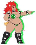  armlet big_hair boots bowser bracelet collar eyebrows fang genderswap genderswap_(mtf) hand_on_hip high_heels highres horns jewelry mario_(series) panties personification plump pointing red_eyes red_hair smile solo spiked_bracelet spiked_collar spikes super_mario_bros. tail thong tsuda_(tsudanym) turtle_shell underwear 